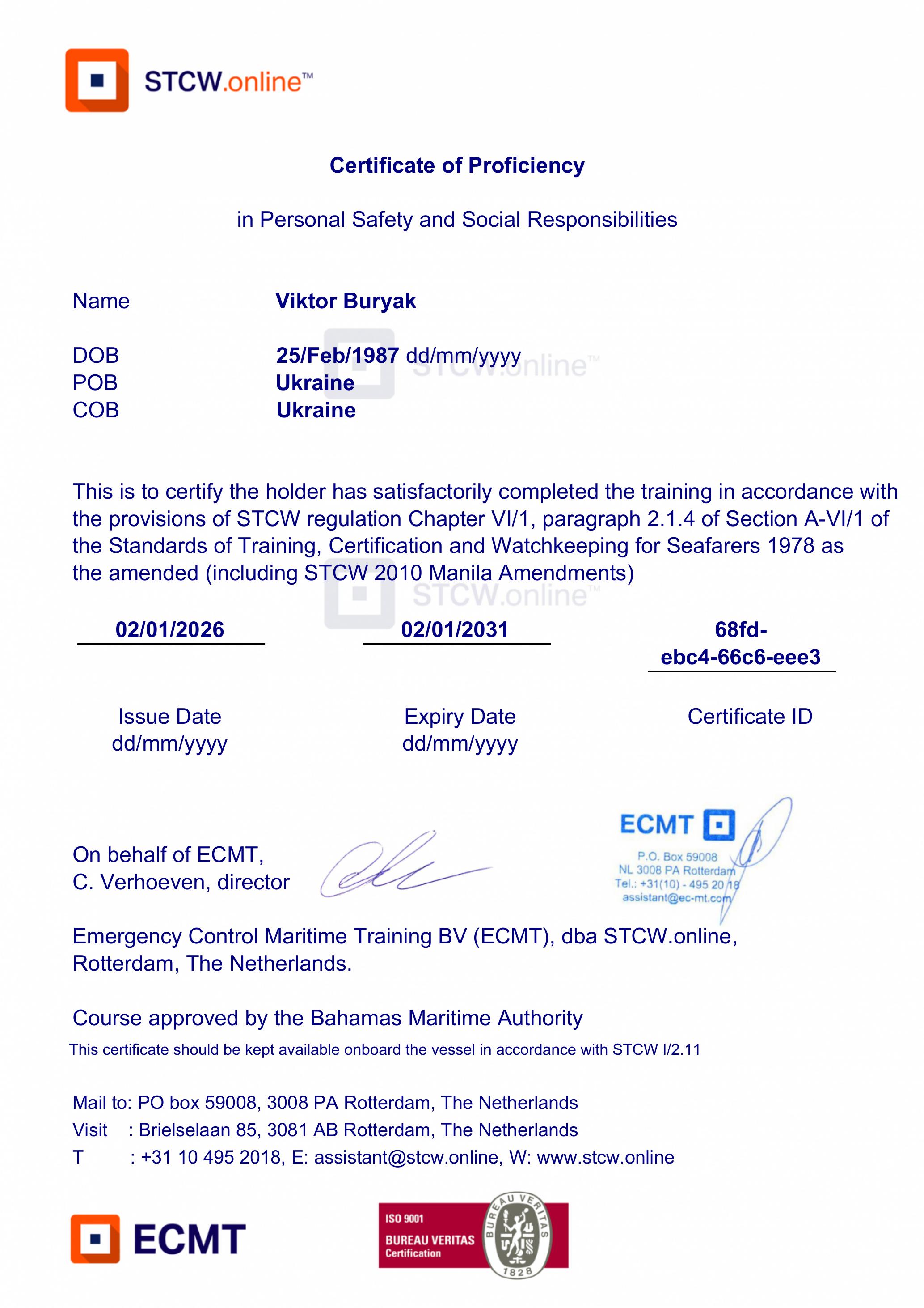Certificate of Proficiency in Personal Safety and Social Responsibilities