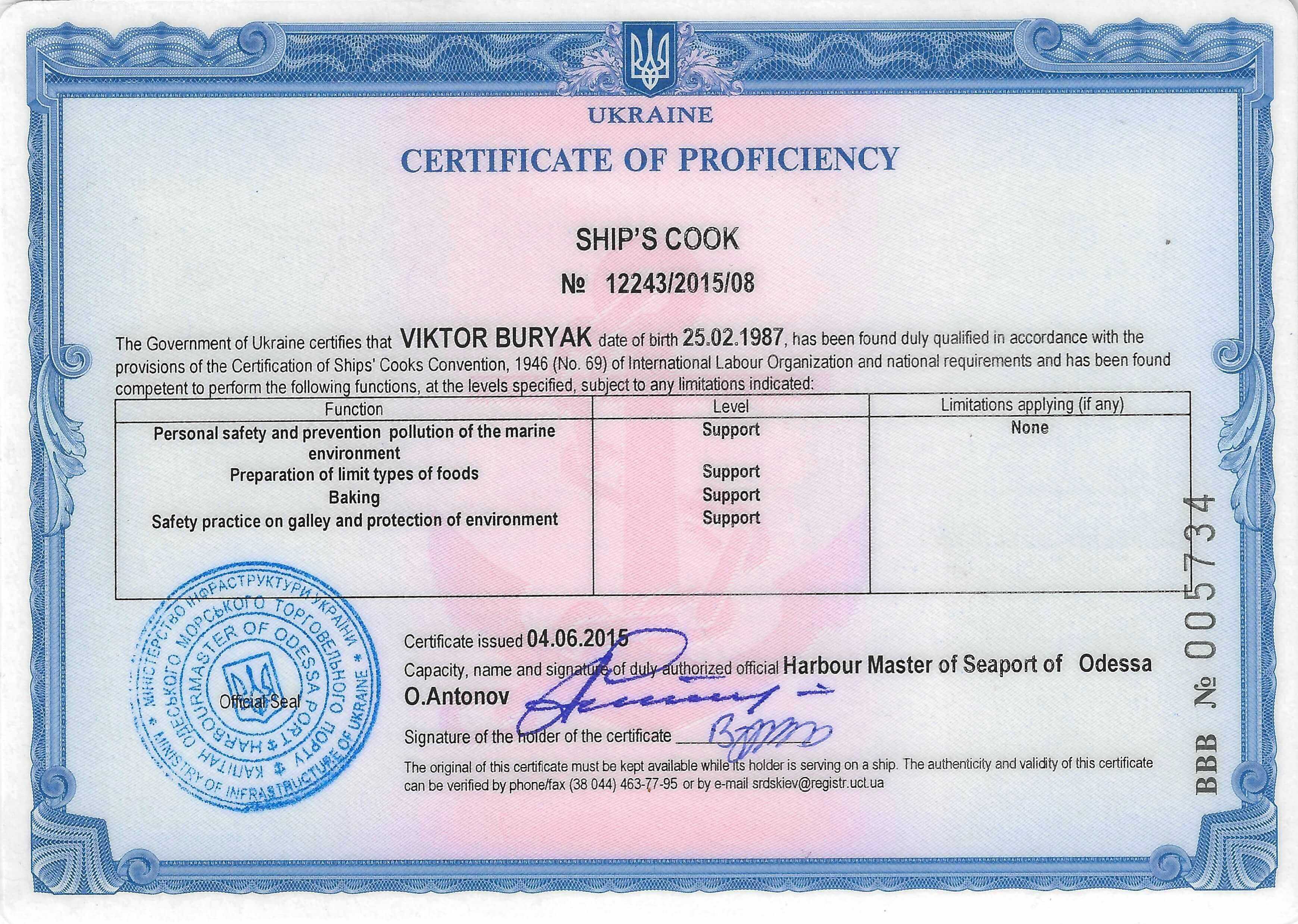 Certificate of Proficiency SHIP'S COOK